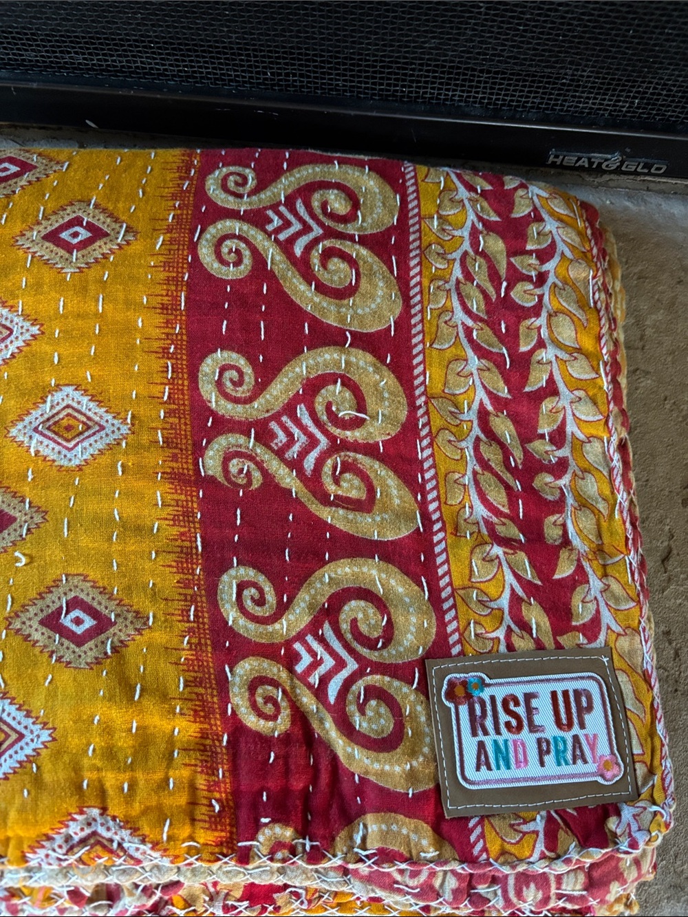 Red and Gold Quilted Kantha Throw Blanket